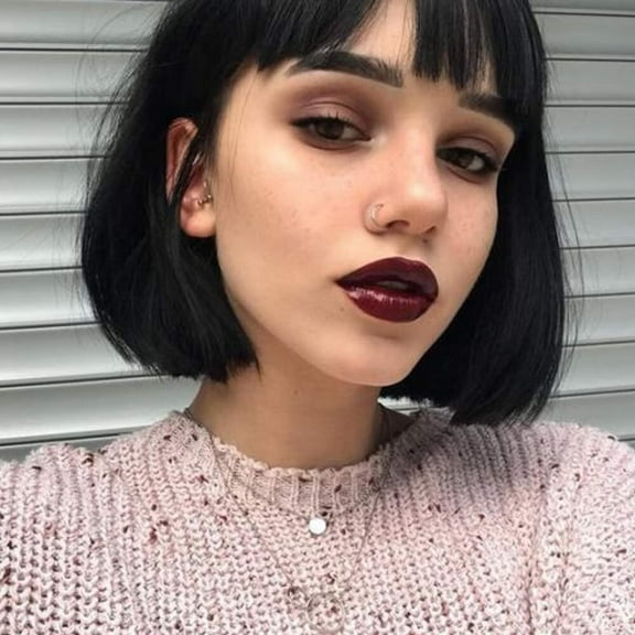 Dopi Black Short Bob Wig with Bangs Straight Blunt Cut Chin Medium Length Natural Synthetic Hair Daily Halloween Wigs for Black Women 10inches (Natural Black #1B)