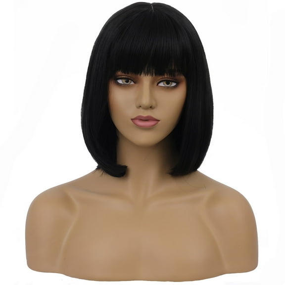 Dopi Black Short Wigs Straight Bob Hair Wigs with Bangs for Women Synthetic Daily Use Wig(2Pack)