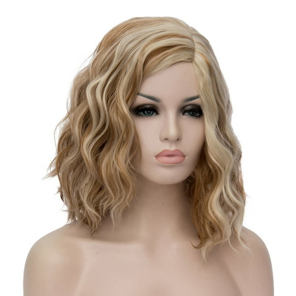 Dopi Blonde Brown Wig Short Curly Wavy Bob Wig Blonde Wig for Women Blonde Mix Brown Wig with Wig Cap