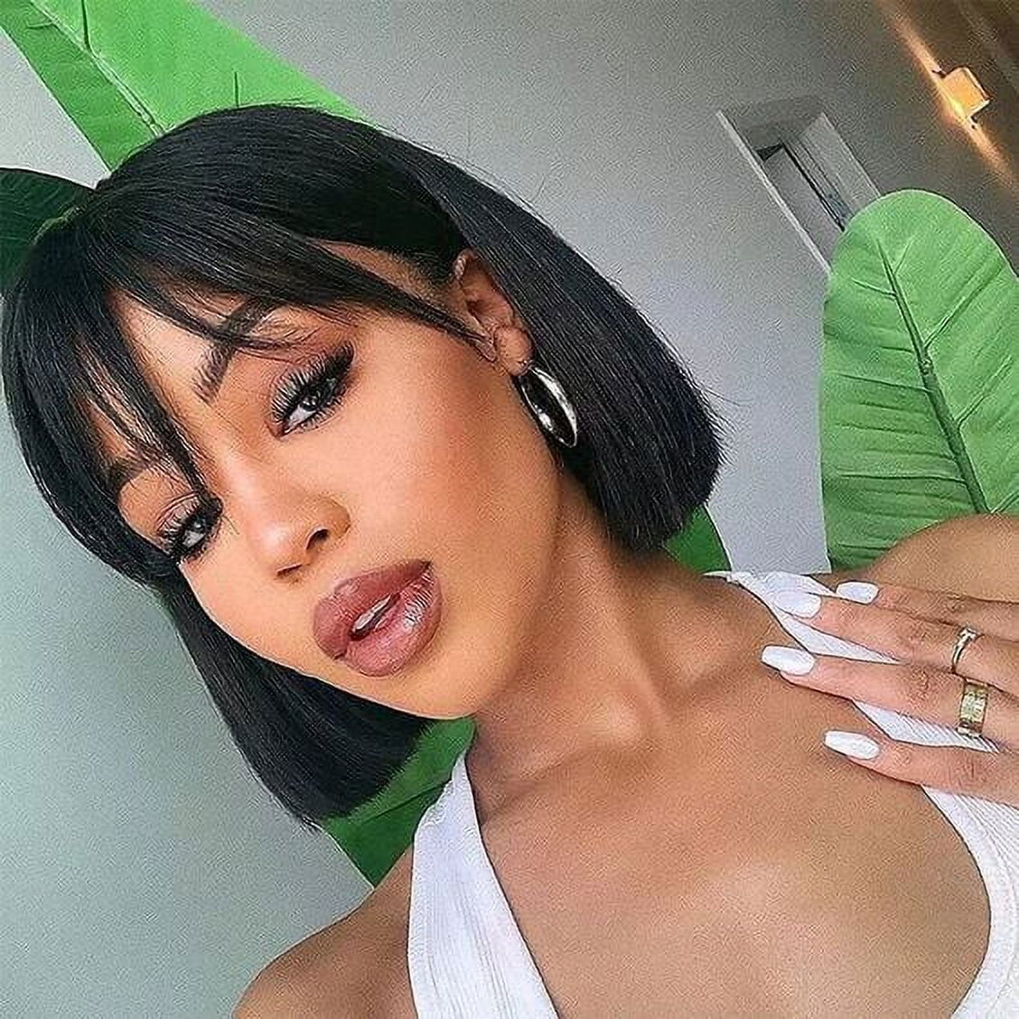 Dopi Bob Wigs with Bangs Brazilian Straight Human Hair Wigs Machine Made Bob Wig for Black Women None Lace Front Wigs Natural color (8 Inch)