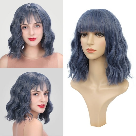 Dopi Hair Synthetic Curly Bob Wig with Bangs Short Wavy Hair for Women Bob Style Heat Resistant Colored Wigs
