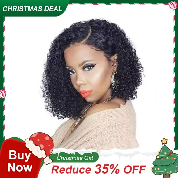 Dopi Human Hair Wigs Short Curly Wigs for Black Women Lace Front Side Part Black Wigs Wavy Short BoB Deep Curly with Baby Hair Natural Color