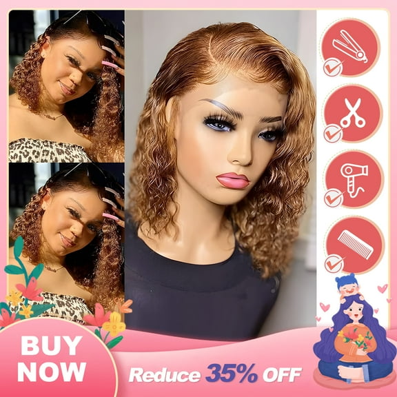 Dopi Short Curly Honey Blonde Bob Wig Lace Front Human Hair Wigs For Women Light Brown(2Pack)