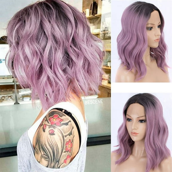 Dopi Short Wavy Bob Lace Front Wig Caps Ombre Purple Dark Root 2 Tone Synthetic Wig for Women Ash Purple Wavy 4x4 Lace Wig 14 Inch(2Pack)