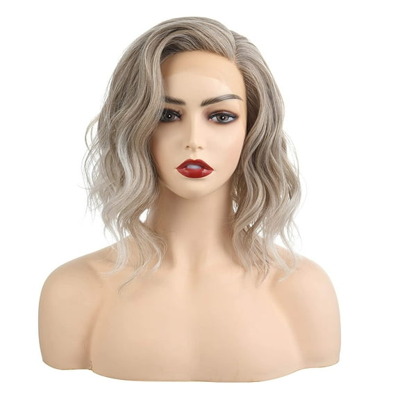 Dopi Side Part Platinum Blonde Brown Ombre Lace Front Short Wavy Hair Bob Wigs for Womens