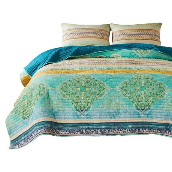 Dora 3 Piece Bohemian Full Quilt Set, Medallion, Paisley, Blue, Green