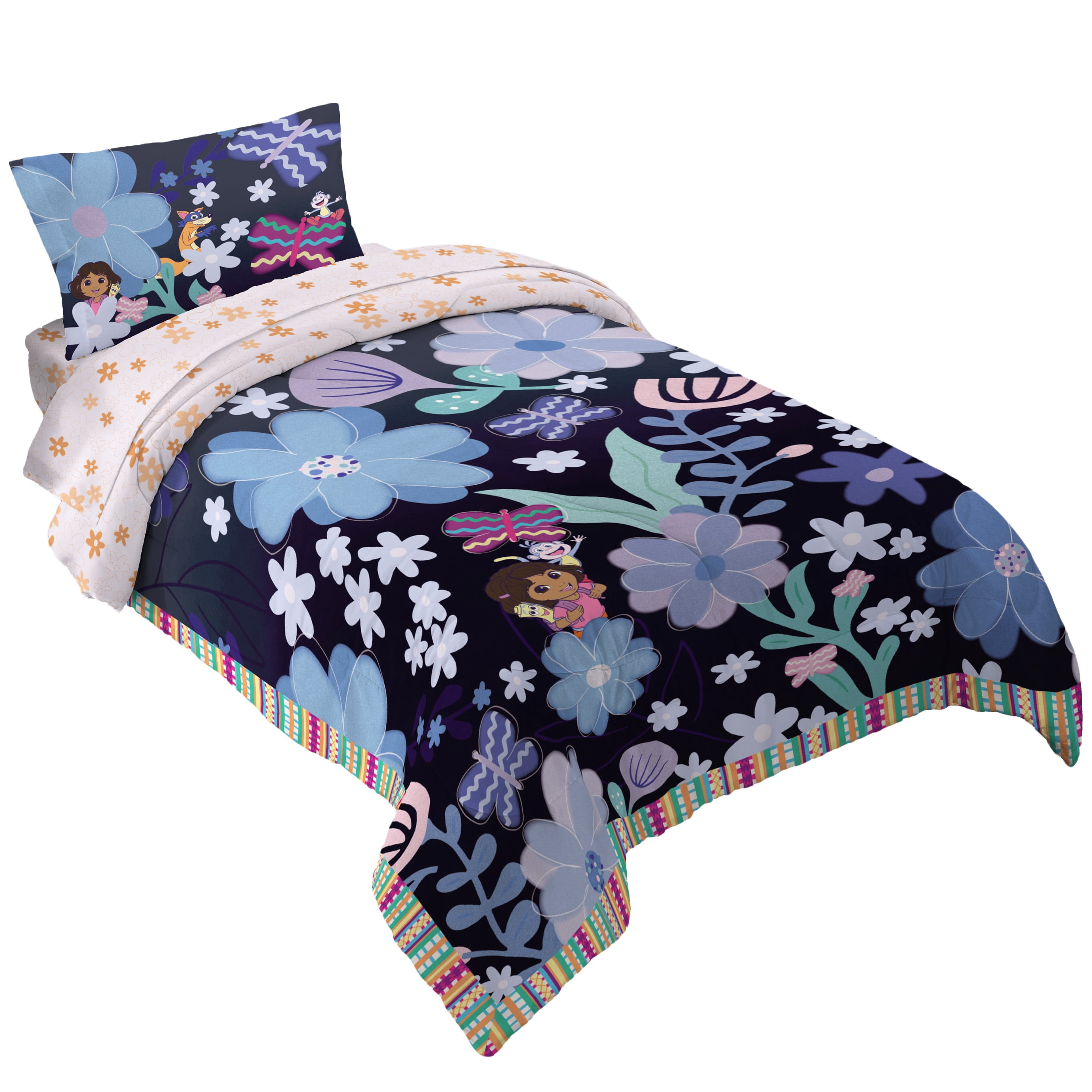 Dora Kids 5 Piece Blue Purple Pink Floral Reversible Comforter, Bed in a Bag, Full