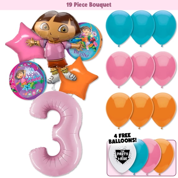Dora the Explorer Balloons Bouquet Kit - Kids Party Decor Decoration Supplies with 40" Pastel Pink Number Balloons (1-9) - Dora Balloons Birthday Celebrations and Themed Events
