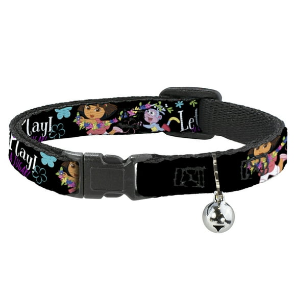 Dora the Explorer Breakaway Cat Collar With Bell, Plastic Clip, Easy Adjustable, Dora Boots Pose Floral Lets Play Vamos A Jugar Black, 8.5 to 12 Inches 0.5 Inch Wide