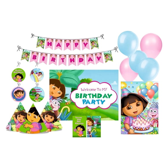 Dora The Explorer Party Decorations Kit - 80 Pcs Includes Banner, Balloons, Thank You, Centerpiece, Danglers | Dora Party Supplies, Dora Birthday Decor - Banner For Kids