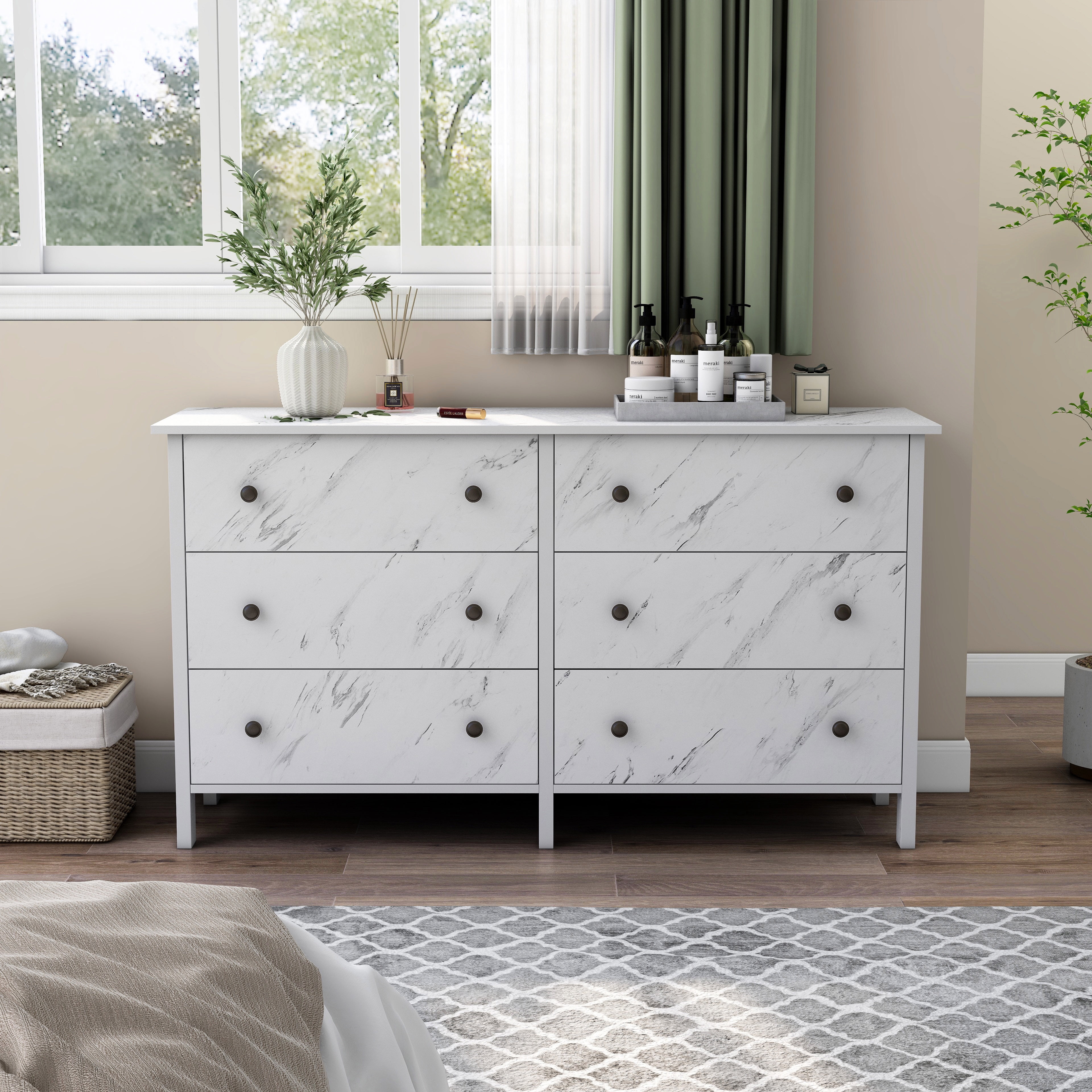 Dora Indoor 6-Drawer Wood White Marble Dresser for Bedroom