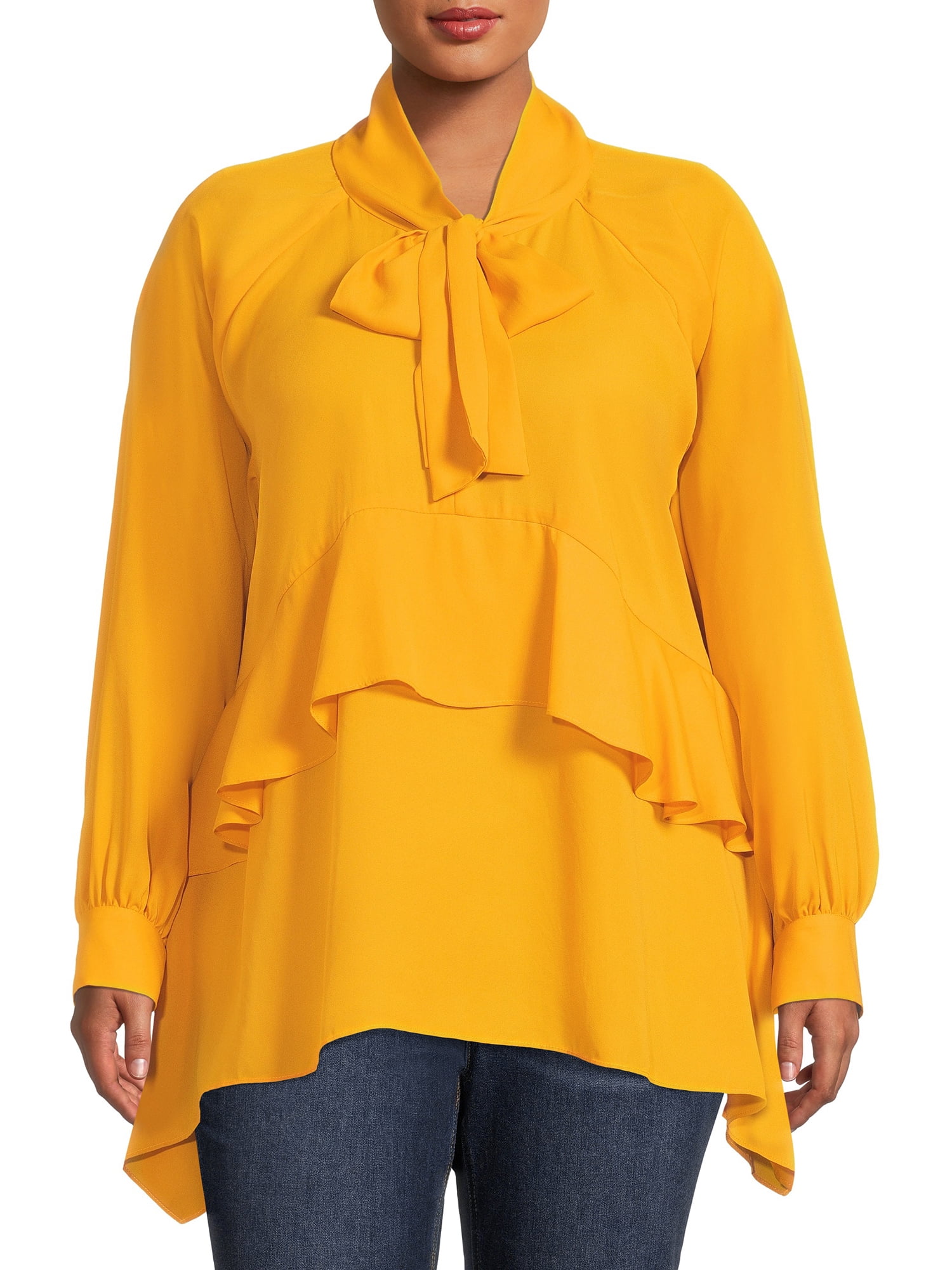 Dora Landa Women's Plus Size Button-Front Tie Neck Blouse