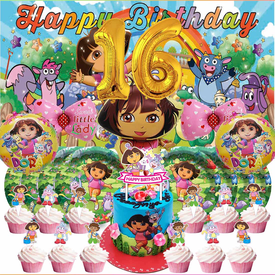 Dora The Explorer 16th Tableware Balloons Cake Toppers Backdrop Banner ...