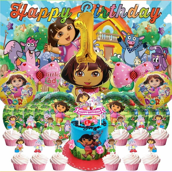 Dora The Explorer 1st Tableware Balloons Cake Toppers Backdrop Banner Supplies Party Decor Plates Decorations