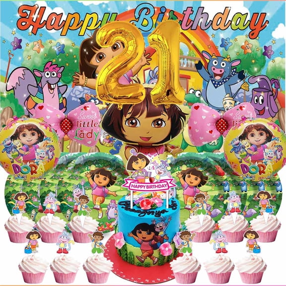 Dora The Explorer 21th Tableware Balloons Cake Toppers Backdrop Banner Supplies Party Decor Plates Decorations