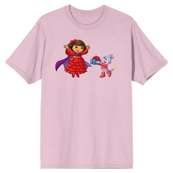 Dora The Explorer Animated Dora & Boots Exchanging Gifts Crew Neck Short Sleeve Cradle Pink Adult T-shirt-Medium