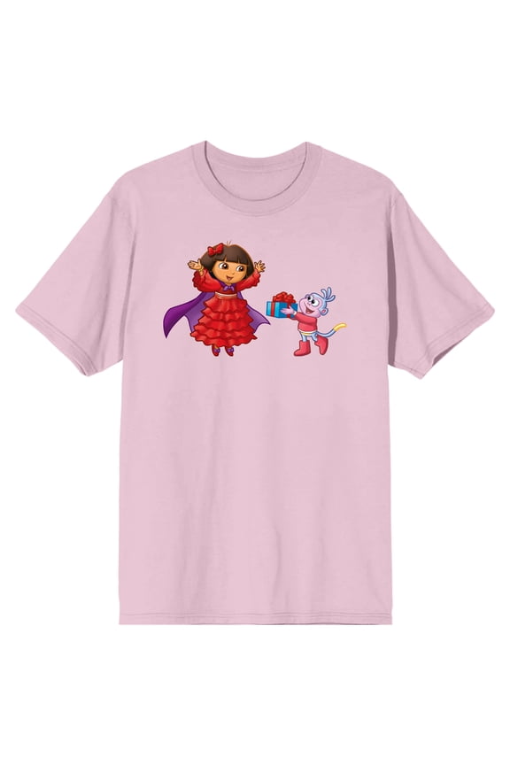 Dora The Explorer Animated Dora & Boots Exchanging Gifts Crew Neck Short Sleeve Cradle Pink Adult T-shirt-XL