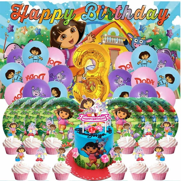 Dora The Explorer Balloons Party Supplies 3rd Decor Tableware Birthday Cake Topper Decorations Banner Backdrop