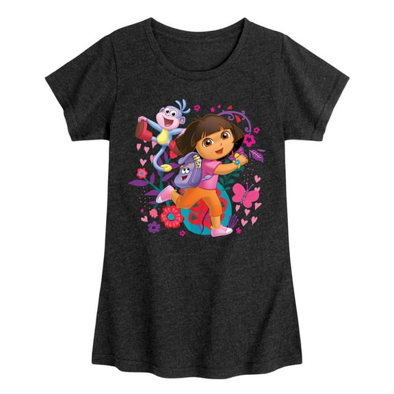 Dora The Explorer - Boots Backpack Map With Flowers - Toddler And Youth Girls Fitted Short Sleeve Graphic T-Shirt