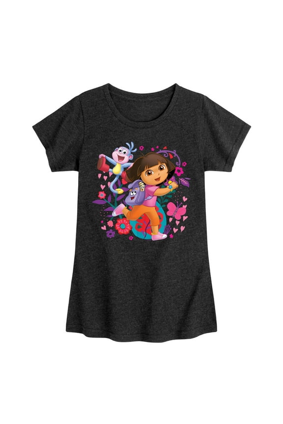 - Boots Backpack Map With Flowers - Toddler And Youth Girls Fitted Short Sleeve Graphic T-Shirt