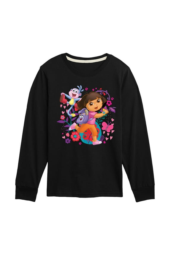 - Boots Backpack Map With Flowers - Toddler And Youth Long Sleeve Graphic T-Shirt