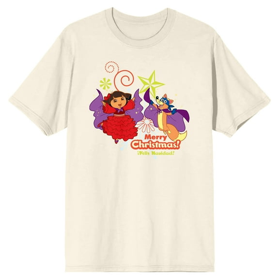 Dora The Explorer Dora & Swiper Merry Christmas Feliz Navidad Adult Natural Crew Neck Short Sleeve T-shirt-Small