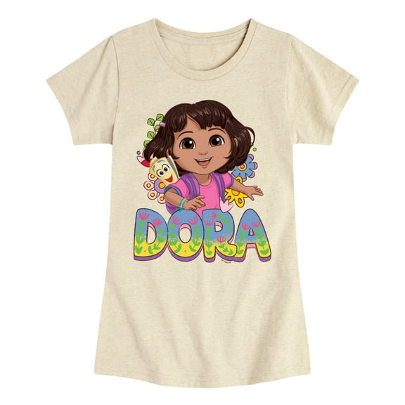 Dora The Explorer - Logo Map And Flowers - Toddler And Youth Girls Fitted Short Sleeve Graphic T-Shirt