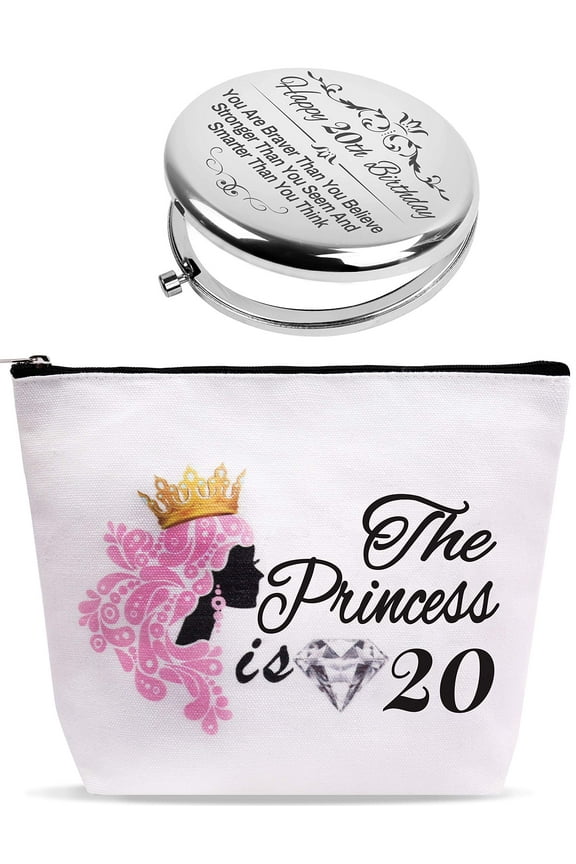 Silver & White 20th Birthday Gift Set for Girls & Women - Cosmetic Bag, Makeup Mirror & More!