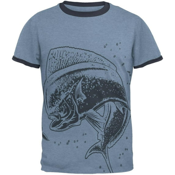Dorado Mahi Mahi Dolphin Fish Mens Ringer T Shirt Heather Blue-Navy SM