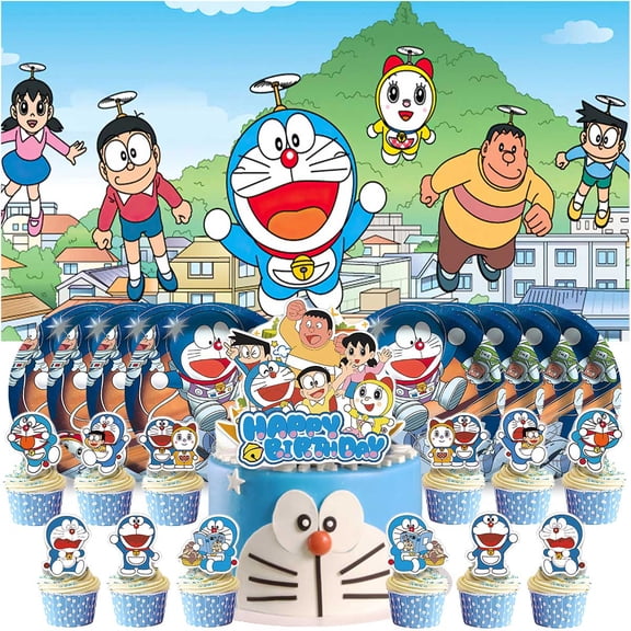 Doraemon Birthday Supplies Plates Decorations Decor Backdrop Banner Cake Topper Fans