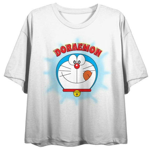 Doraemon Character Face With Tongue Out Crew Neck Short Sleeve Women's White Crop Top-Medium