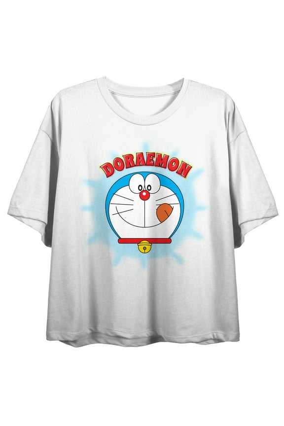 Doraemon Character Face With Tongue Out Crew Neck Short Sleeve Women's White Crop Top-XL