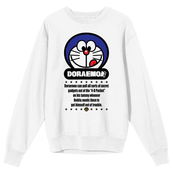 Doraemon Head Looking Down Adult White Crew Neck Short Sleeve Sweatshirt-Large