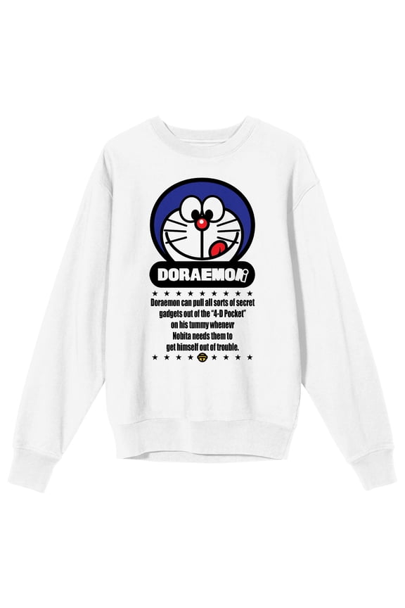 Doraemon Head Looking Down Adult White Crew Neck Short Sleeve Sweatshirt-Large