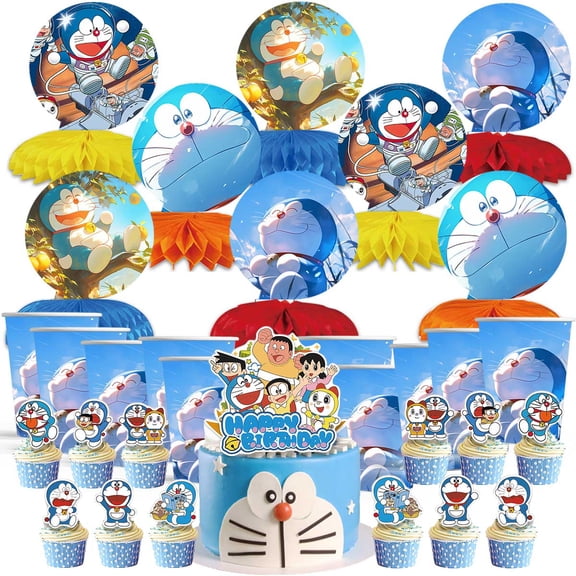 Doraemon Party Supplies Decor Cups Fans Decorations Honeycomb Centerpieces Cake Toppers