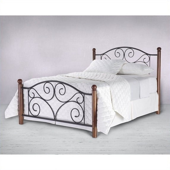 Doral Complete Metal Bed and Steel Support Frame with Decorative Scrollwork and Walnut Colored Wood Finial Posts, Matte Black Finish, California King
