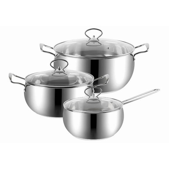Sleek Stainless Steel 6-Piece Cookware Set: Mirror Polished Interior and Exterior, 0.5mm Thickness, G-Type Glass Lids, Induction Ready with Aluminum and SS430# Bottom Plat