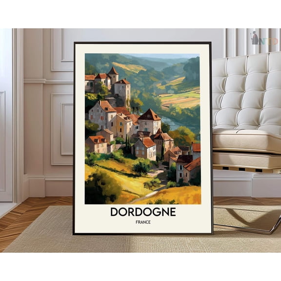 Dordogne France Art Print, Medieval Village Travel Poster (), Stretched Canvas 8x10in