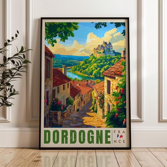 Dordogne France Travel Print, Vézère Valley Illustration Art, Unframed Canvas 24x36in
