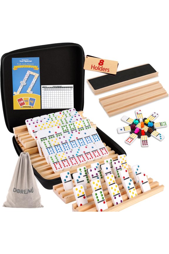 Mexican Train Dominoes Set with 8 Wooden Holders, Double 12 Colored Dot Dominoes with Update Hub, Travel Domino Train Game with 91 Tiles and Portable Carry Case, Family Board Team Games