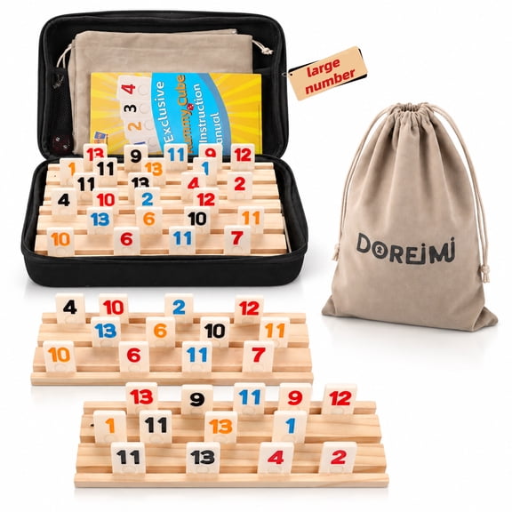 Doreimi Non-Transparent Rummy Cube Game Set 4 Players, 108 Tiles with 4 Wooden Racks, Dual Storage Travel Rummy Tile Set with Carrying Case & Drawstring Bag, Family Board Game Gift for Adults Kids
