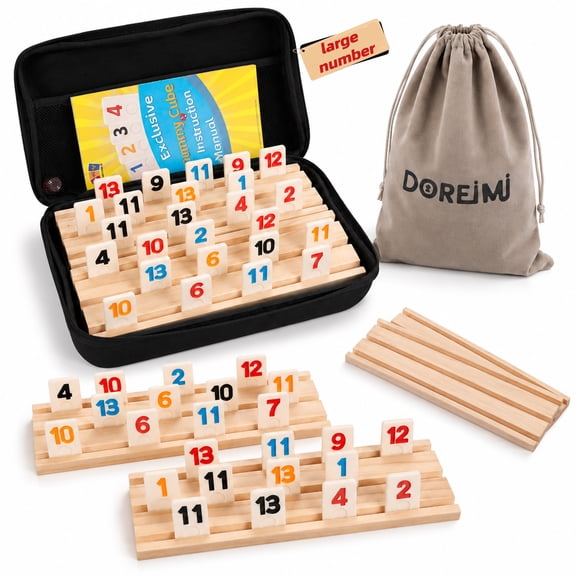 Doreimi Non-Transparent Rummy Cube Game Set 6 Players, 162 Tiles with 6 Wooden Racks, Dual Storage Travel Rummy Tile Set with Carrying Case & Drawstring Bag, Family Board Game Gift for Adults Kids