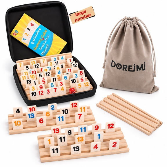 Doreimi Large Number Non-Transparent Rummy Cube Set, 216 Tiles, 8 Wooden Racks, 6-8 Players