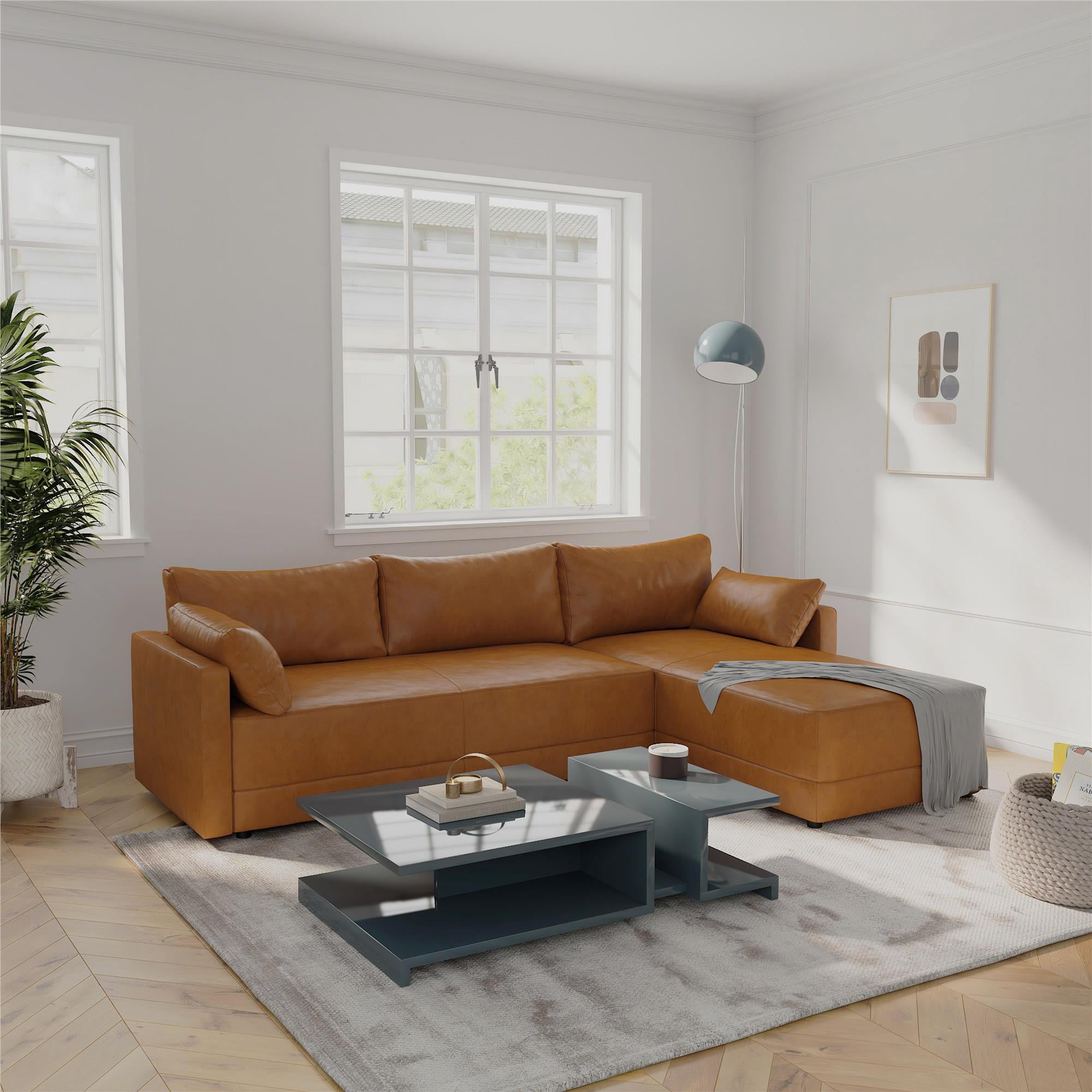 Camel Faux Leather Sectional Sofa with Pillow-top Arm