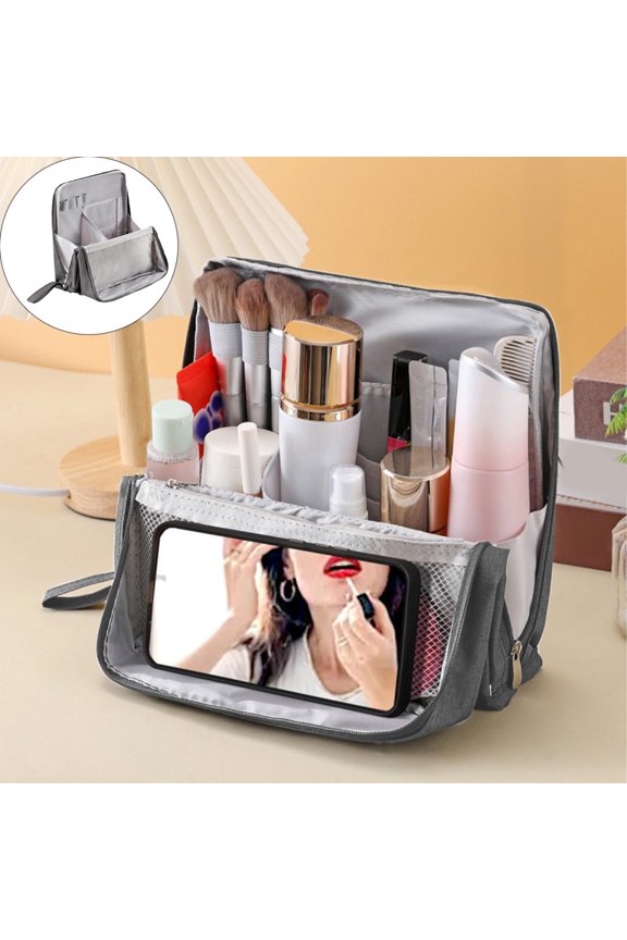 Doresty Makeup Bag - Gray Standing Makeup Organizer, Multi-Purpose Cosmetic Pouch, Large Cloth Storage with Compartments, Water-Repellent Design, Travel Toiletry Bag for Women, 7.9x8.3x0.8