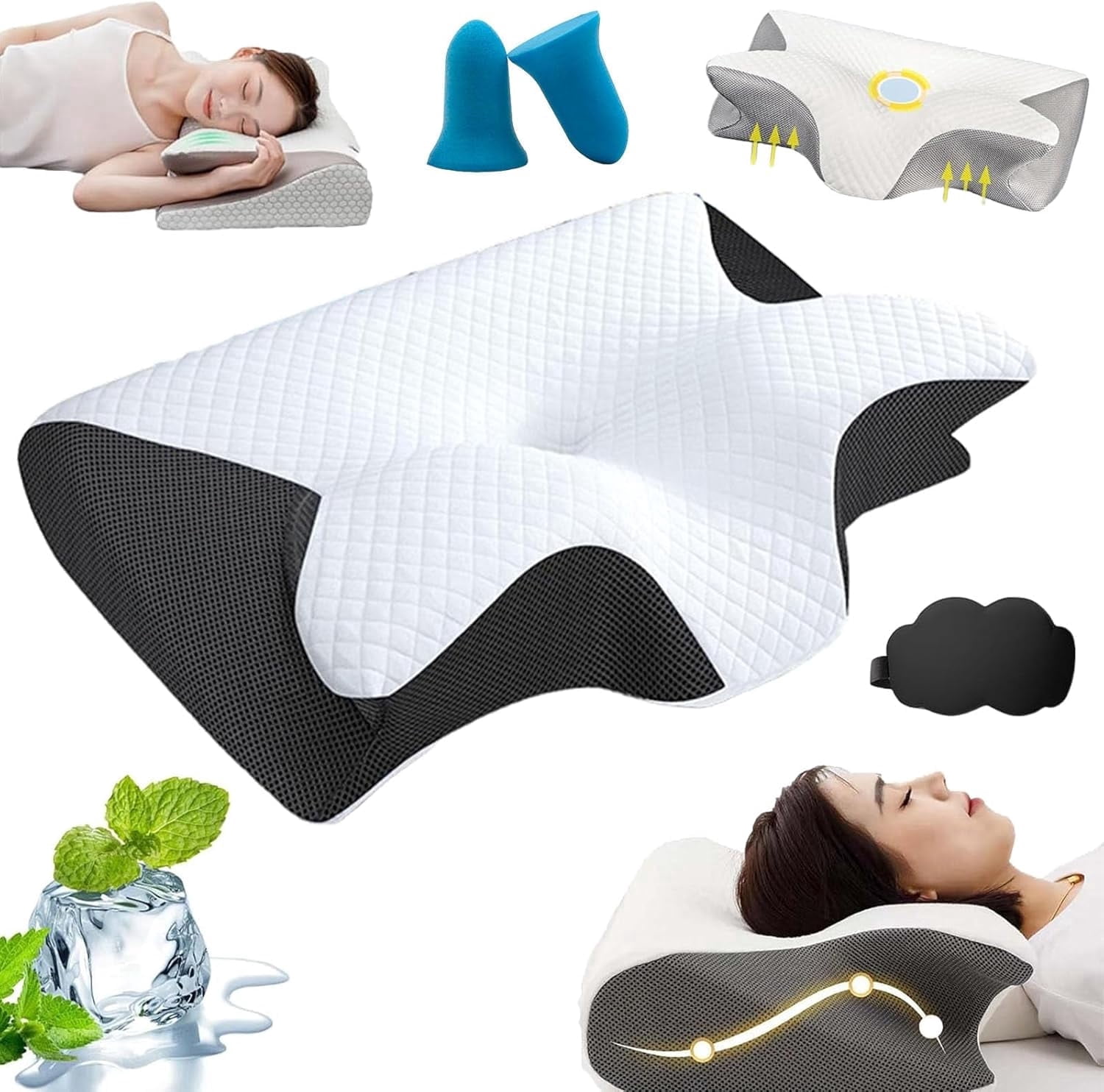 Pillow, Memory Foam Cervical Pillow, Ergonomic Orthopedic Contour, for Side, Back and Stomach Sleepers (Black)
