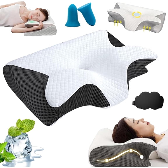 Pillow, Memory Foam Cervical Pillow, Ergonomic Orthopedic Contour, for Side, Back and Stomach Sleepers (Black)