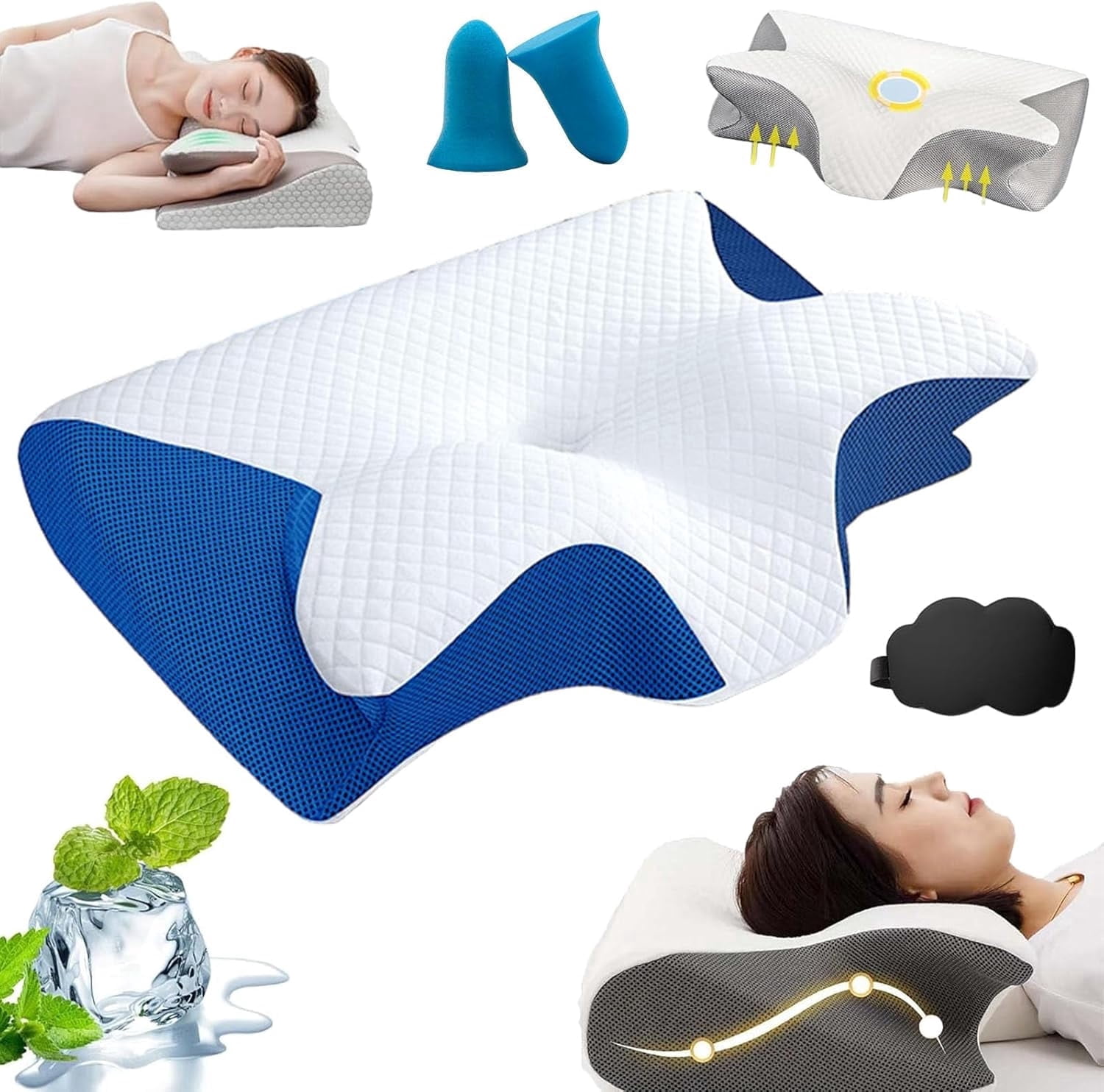 Pillow, Memory Foam Cervical Pillow, Ergonomic Orthopedic Contour, for Side, Back and Stomach Sleepers (Blue)