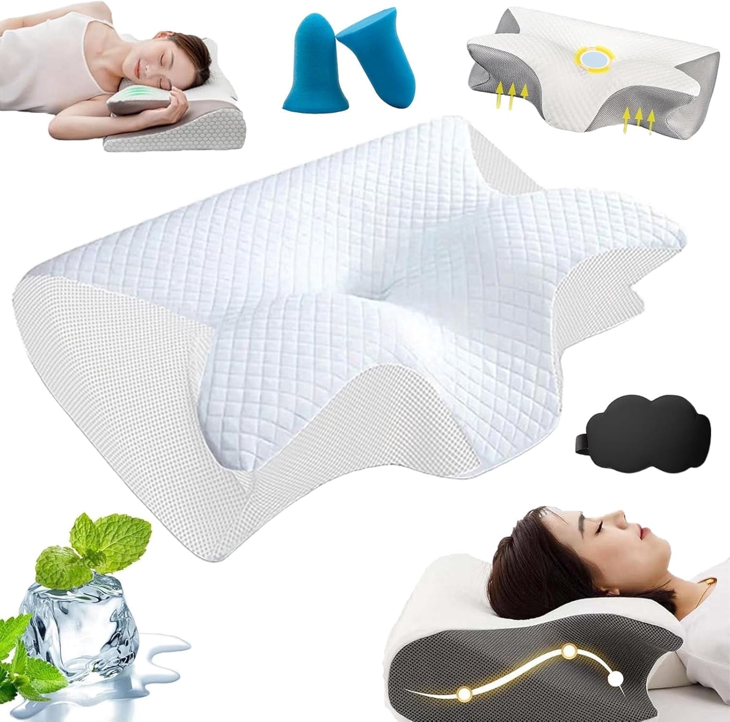 Pillow, Memory Foam Cervical Pillow, Ergonomic Orthopedic Contour, for Side, Back and Stomach Sleepers (White)
