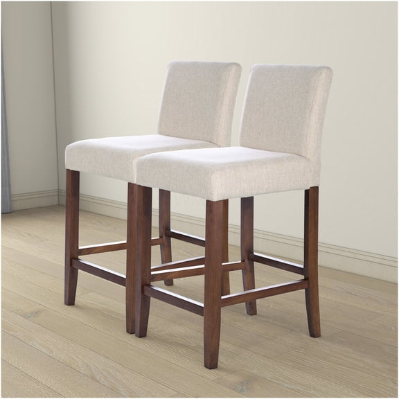 Dorian Beige Mid-Century Modern Counter Stools, Set of 2, Linen Blend Upholstery & Solid Teak Wood Frame